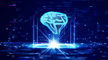 Poster - Smart brain concept or artificial intelligence(AI). abstract processing chip computer system big data analysis. background of machine learning and future cyber technology innovation. 3D rendering