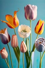 Wall Mural - Spring plant concept, colorful beautiful fresh flowers on a pastel blue background. Flowers can be used to make a romantic bouquet. Generative AI.