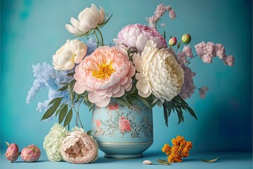 Wall Mural - Spring plant concept, colorful beautiful fresh flowers on a pastel blue background. Flowers can be used to make a romantic bouquet. Generative AI.
