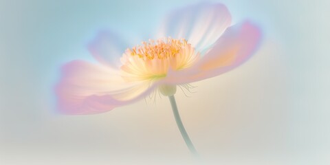 Wall Mural - Soft pastel Spring background with fresh, blossom flowers and leaves in mist, smoke and Spring dew.  Generative AI.