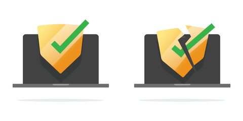 Aufkleber - Computer shield protect flat icon simple graphic vector illustrated, cyber security breach on laptop pc, antivirus check mark defence, internet online safety defense guard sign image