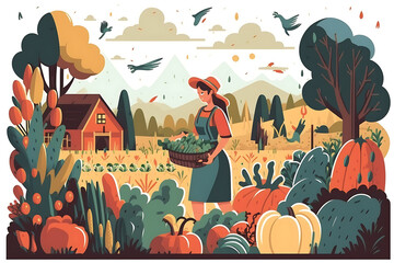 Wall Mural - Flat vector illustration Organic farmer harvesting fresh vegetables on her farm  