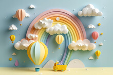 The Art Of Knitting Colorful Landscapes With Elements Of Trees, Houses, Rainbows, Clouds, Balloons For Children's Education