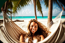 A Young Woman Relaxes On A Hammock Between Palm Trees On A Sandy Beach On A Summer Vacation. Generative AI