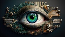 Green Eye On Circuit Board With Microchips Closeup. AI	