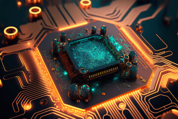 Motherboard with electronic circuits and CPU with glowing neon structures. Abstract cybernetic technologies. Generative AI illustration