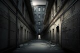 Fototapeta Uliczki - empty dark hallway with abandoned old buildings generative ai