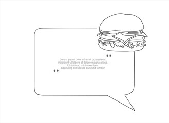 Poster - Continuous one line drawing of burger and speech bubble. Trendy line art vector on a white background. Vector illustration.