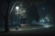 © Arisctur - Empty public park at night with illuminated light on and bench, image created by generative ai