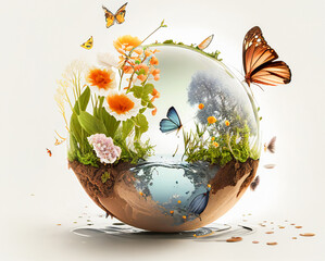 Wall Mural - Abstract illustration of a glass globe with ground, water, green grass and flowers growing from inside, surrounded by butterflies. Created with Generative AI technology.
