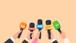 Microphones in the hands of people journalists. The concept of interviewing celebrities. Vector illustration
