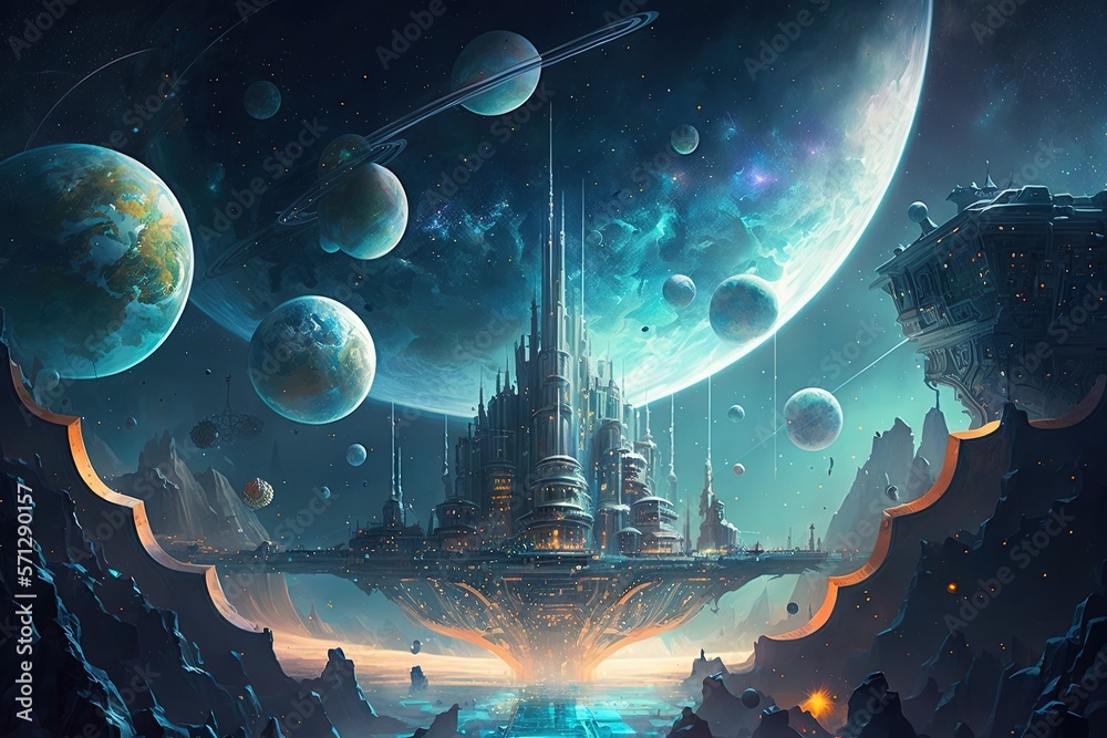 city floating in space with habitats connected by bridges and space ...