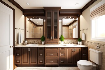 The bathroom interior is in beige and brown colors. Wooden double sink vanity cabinet with large mirror, toilet, and shower. Northwest, USA