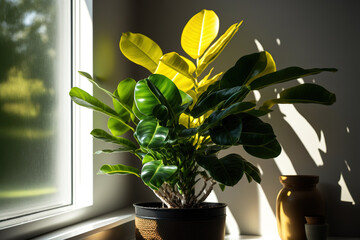 Canvas Print - On the windowsill of a room that is strongly lighted by the sun is a green Zamioculcas plant. Generative AI