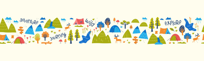 Wall Mural - Cute hand drawn vector seamless pattern with camping doodles, tents, landscape and trails, great for textiles, banners, wallpapers