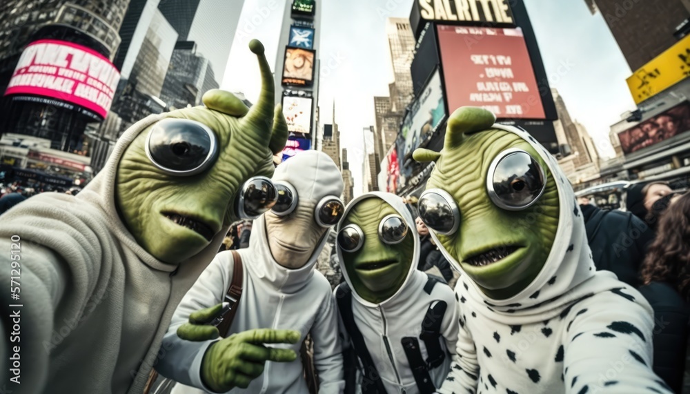 Alien invasion. Area 51 Aliens Selfie in Times Square, NY - Group of ...