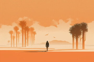 Generative ai minimal travel seascape illustration with wanderlust traveller walking