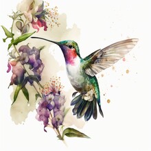Drawing Of Hummingbird And Flowers Watercolor Background Generative AI