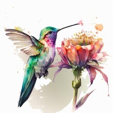 Drawing Of Hummingbird And Flowers Watercolor Background Generative AI