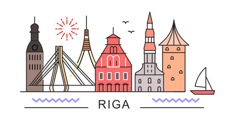 Wall Mural - city of Riga in outline style on white. Landmarks sign with inscription.