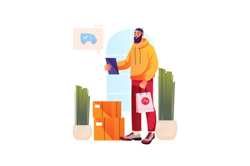 Aufkleber - Concept Delivery with people scene in the flat cartoon style. Man buys clothes on the Internet and receives them quickly thanks to delivery.