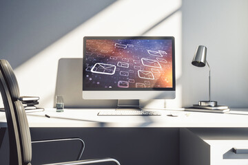 Poster - Creative concept of postal envelopes illustration on modern laptop screen. Email and communications concept. 3D Rendering