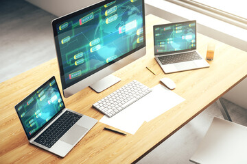 Poster - Abstract creative coding illustration with world map on modern computer monitor, international software development concept. 3D Rendering
