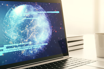 Poster - Abstract creative coding concept with world map on modern laptop screen. 3D Rendering