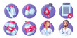 3D medical icon set, vector doctor avatar, health care pharmacy medicare badge, pill bottle, syringe. Emergency hospital symbol, blood test tube, vaccination sign, female nurse. Medical icon kit