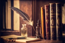 
Old Quill Pen With Inkwell And Papers On A Wooden Desk Against A Vintage Bookcase. Retro Style Generative Ai Illustration