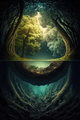 Wall Mural - Parallel universe growing under the trees of a forest, underground cave system