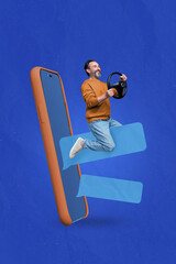 Poster - vertical creative photo design of funny positive old man hold steering wheel flies out of smartphone