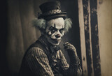 Creepy old clown in a vintage circus wearing a top hat. generative AI