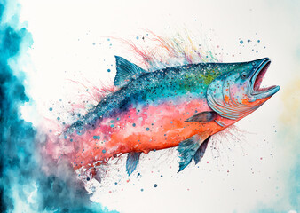 Large salmon fish jumping out of water creating a splash. generative AI