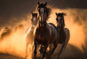 Pack of wild horses running and kicking up dust in a Montana desert ranch. generative AI