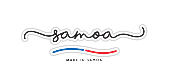 Made in Samoa, new modern handwritten typography calligraphic logo sticker, abstract Samoa flag ribbon banner