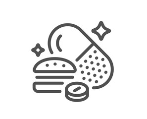 Overeating pills line icon. Food digestion capsule sign. Unhealthy nutrition symbol. Quality design element. Linear style overeating pills icon. Editable stroke. Vector