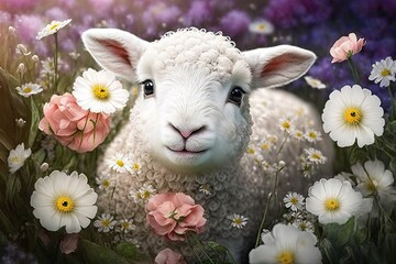 Cutest Easter Spring Lamb in flowers generative ai