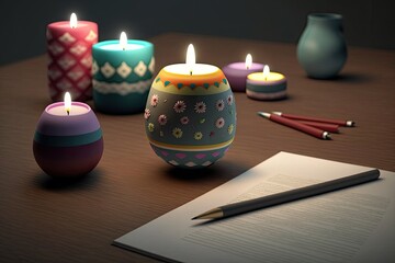 Wall Mural - Easter egg candles on desk or table generative ai