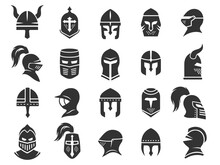 Medieval Helmets. Ancient Warrior Knight Head Armor With Visor Plumage, Spartan Fighter Protective Elements Flat Style. Vector Isolated Collection