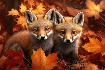 Wall Mural - Two baby foxes sitting in fall leaves generative ai