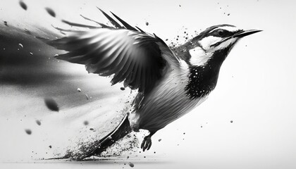 Wall Mural -  a black and white photo of a bird with its wings spread out and its wings spread out, with drops of water flying around it.  generative ai