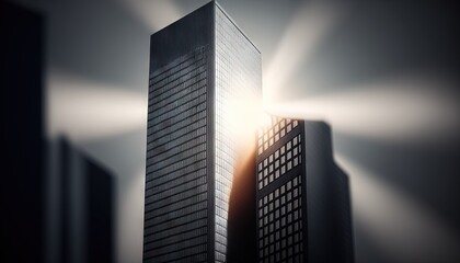 Canvas Print -  a very tall building with the sun shining through the clouds in the sky behind it and a light beam in the middle of the building.  generative ai