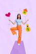 Vertical collage picture of calm peaceful girl stand one leg meditate keep balance love home finance isolated on painted background