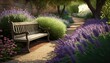  a bench in the middle of a garden with purple flowers and trees in the back ground and a stone wall in the back ground and a path.  generative ai