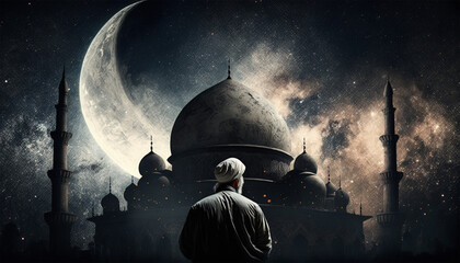 Wall Mural - muslim old man praying on a mosque with starry and crescent moon moon night. Generative AI