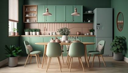 luxurious, modern contemporary green wall kitchen room with dining table, minimalistic design. gener