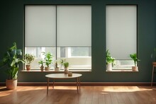 Roller Blinds In The Interior. Automatic Blackout Shades Large Size On The Windows. Modern Interior With Wood Decor Panels On The Wall. Green Plants In Hi-tech Flower Pots. Electric. Generative AI
