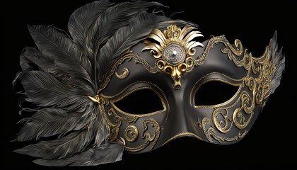 Poster -  a masquerade mask with feathers on a black background with a diamond center piece in the middle of the mask and a black background with a black background.  generative ai