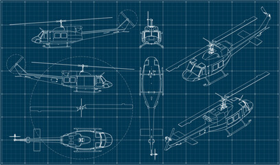 Combat military helicopter us army. Fighting vehicle during the Vietnam War. Blueprint with projections and isometry. Scale model.	